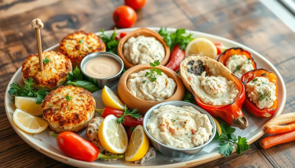 Crab dish pairings A gourmet plate featuring Lump Crab Meat paired with fresh vegetables and a glass of white wine.