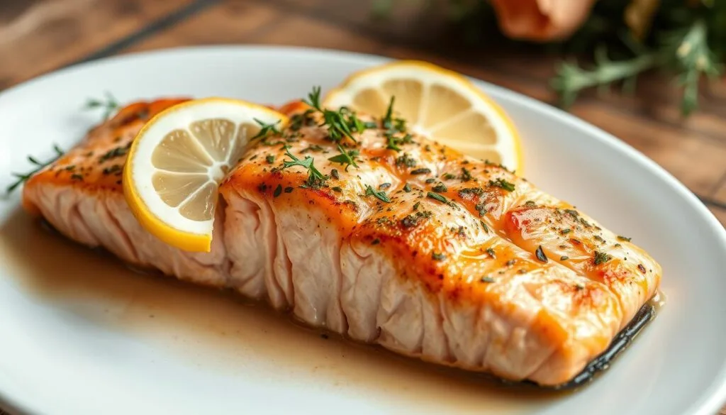 Moist and Flaky Salmon Moist and flaky salmon fillet with a golden crust on a plate.