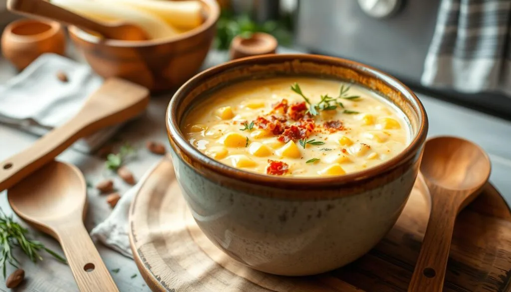 Potato Corn Chowder A bowl of potato corn chowder filled with tender potato chunks, sweet corn, and a creamy broth, garnished with crispy bacon and fresh thyme, served with crusty bread.