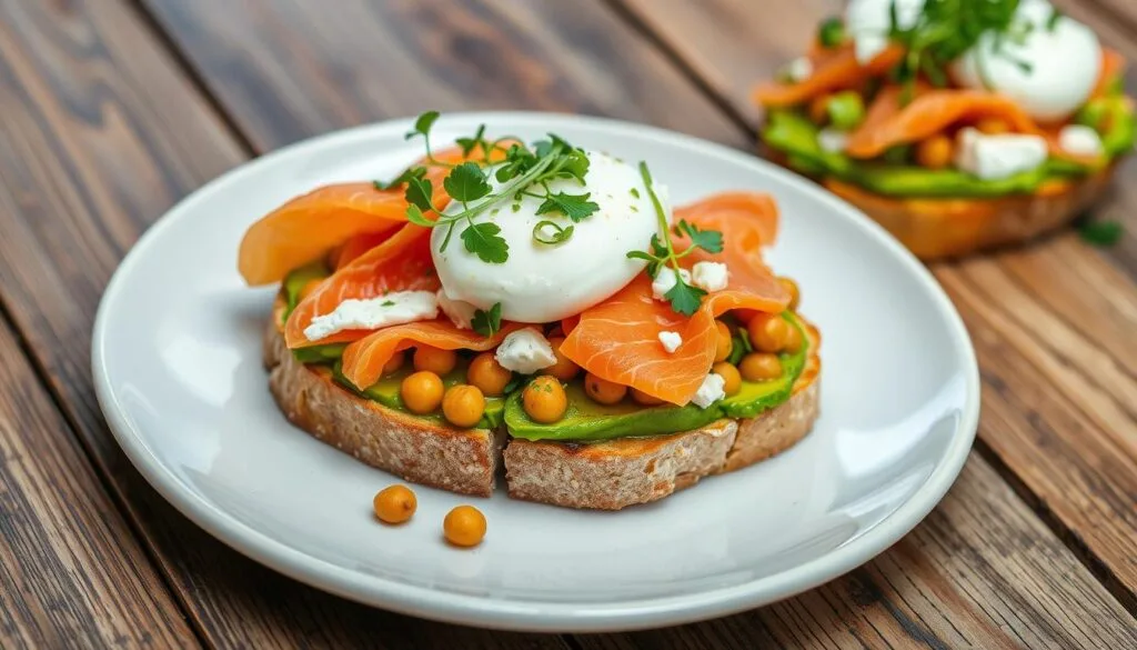 Protein-Rich Avocado Toast Avocado toast topped with protein-rich ingredients, including poached eggs, smoked salmon, sautéed chickpeas, and crumbled feta cheese on multigrain bread.