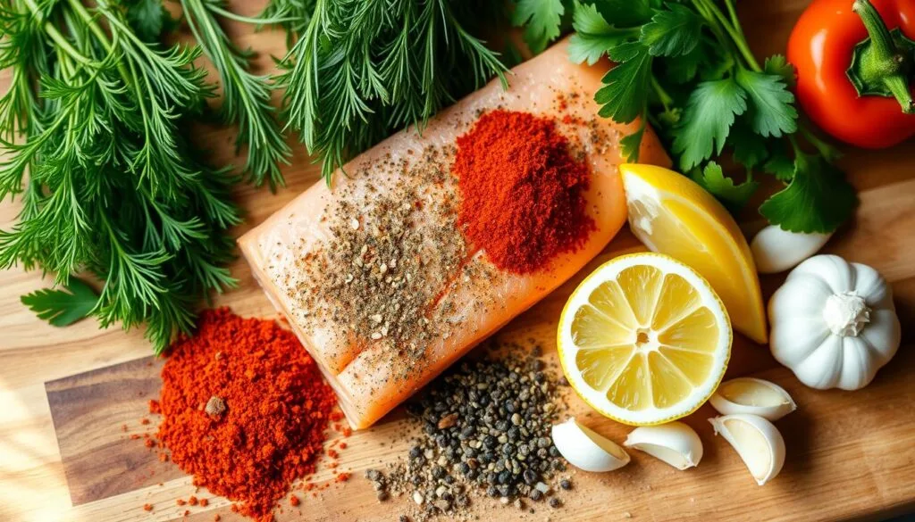Salmon Seasoning Salmon fillet seasoned with herbs, spices, and lemon slices.