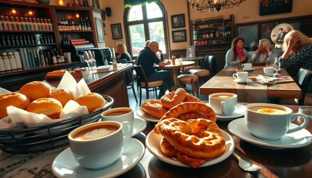 Traditional Italian Breakfast at Bars Traditional Italian breakfast at a bar with espresso and pastries.