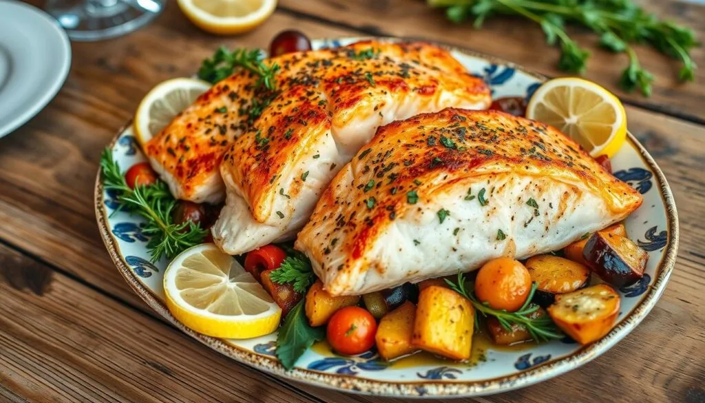 baked salmon fillets Perfectly seasoned baked salmon fillets served with fresh herbs and lemon slices on a wooden platter.