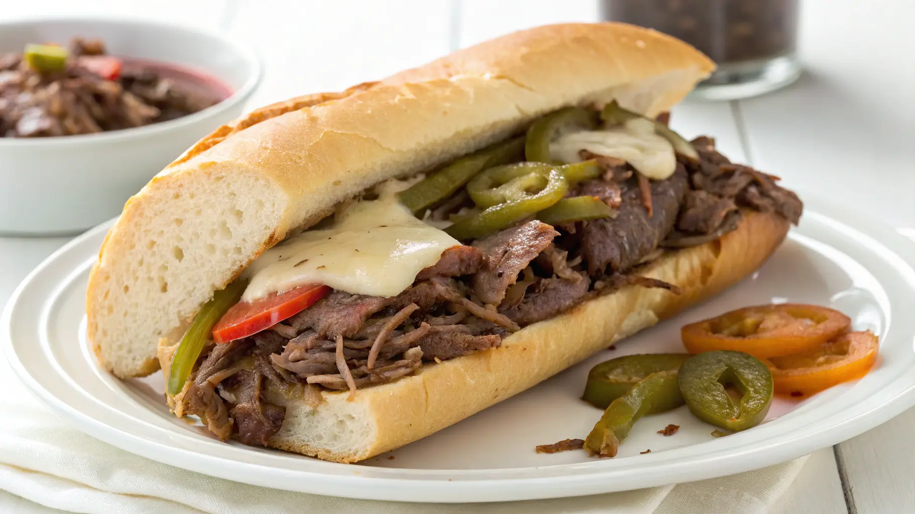 Close-up of a Chicago-style Italian beef sandwich, filled with thinly sliced beef, spicy giardiniera, and dipped in savory au jus sauce.
