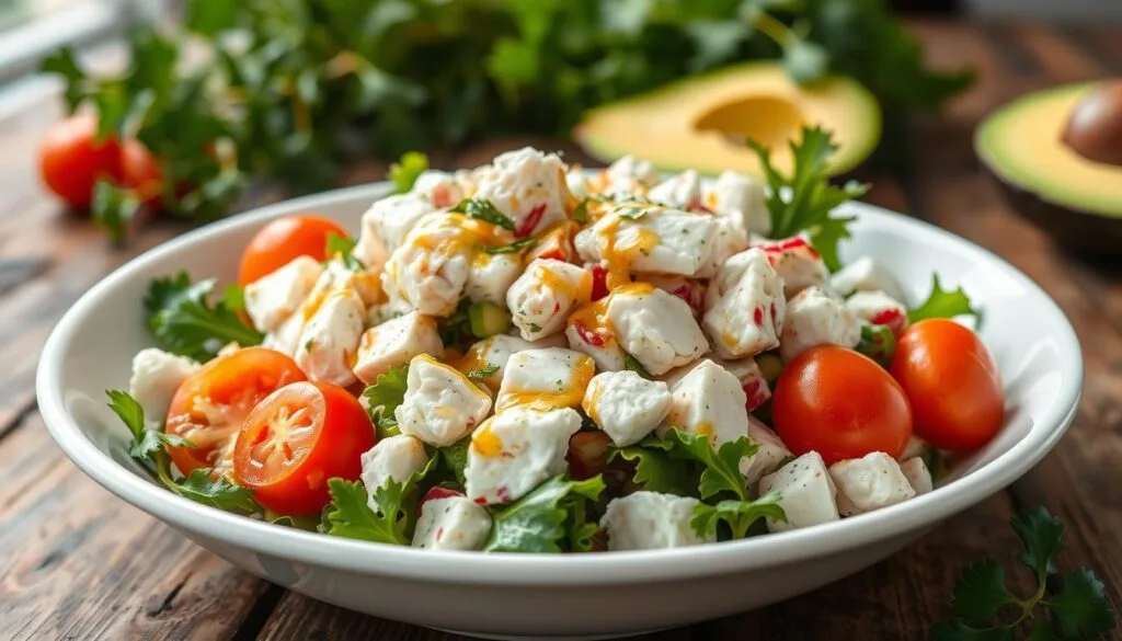 crab salad Fresh crab salad made with Lump Crab Meat, vibrant greens, and a light dressing.