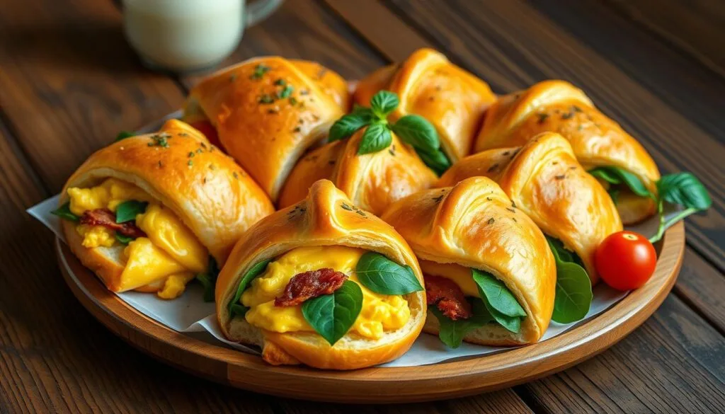 crescent roll breakfast sandwiches Delicious Pillsbury Crescent Roll Breakfast sandwiches filled with eggs, cheese, and crispy bacon, served on a wooden board.