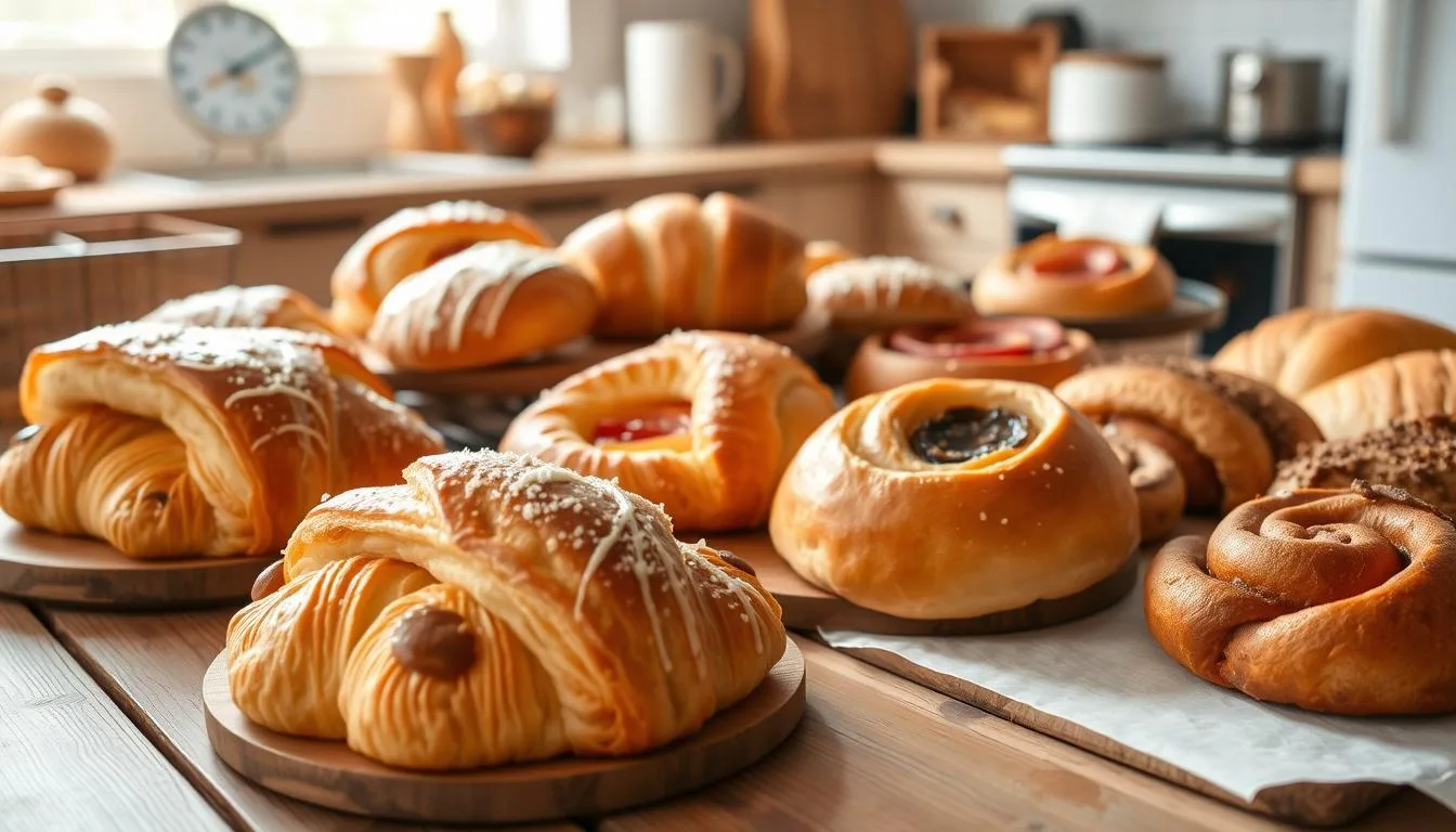 A close-up image of freshly baked Delicious Pastries with golden, flaky crusts and a variety of sweet fillings, including fruit jam and chocolate.