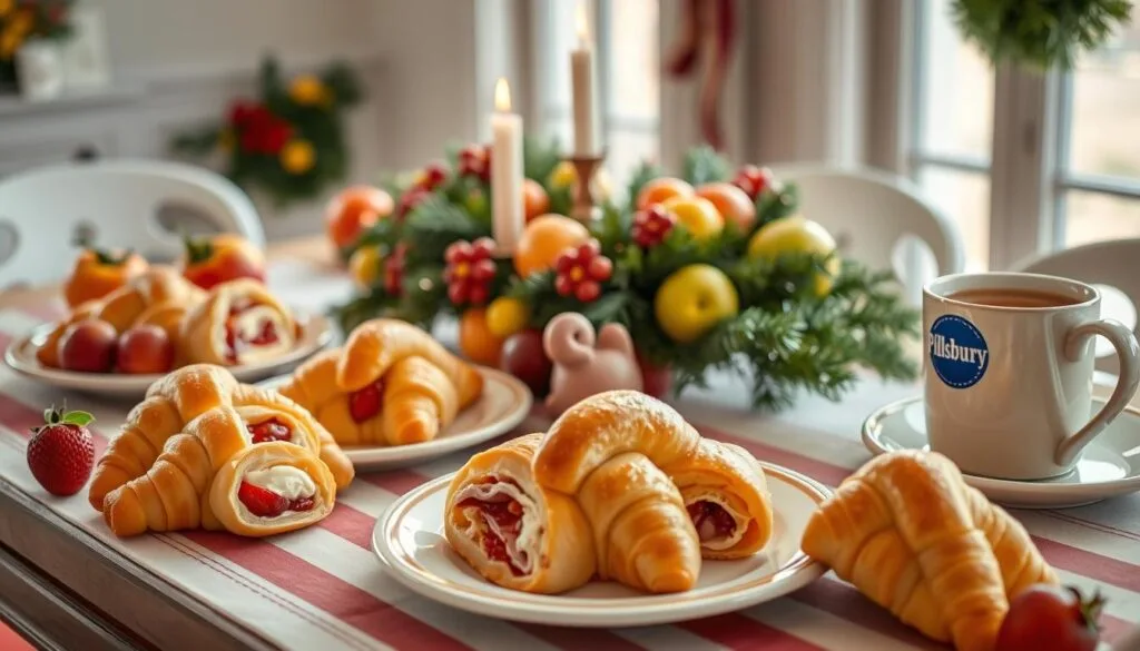 holiday breakfast recipes A festive spread of Pillsbury Crescent Roll Breakfast recipes, featuring golden, flaky pastries filled with sweet and savory holiday flavors.