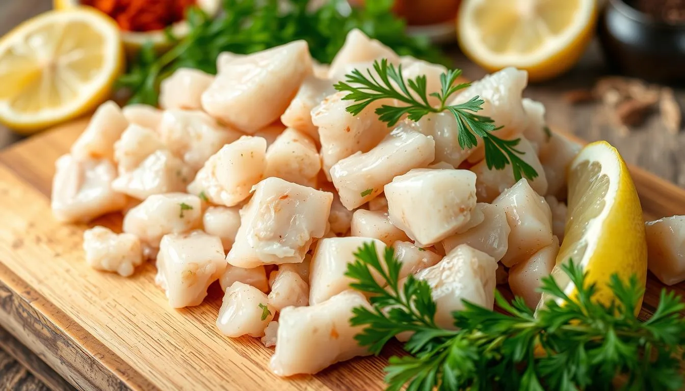 Fresh lump crab meat in a bowl surrounded by lemon slices and herbs.