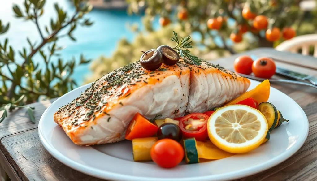 mediterranean salmon recipe Healthy Mediterranean Salmon Recipe with fresh vegetables, olives, and a drizzle of olive oil served on a white plate.