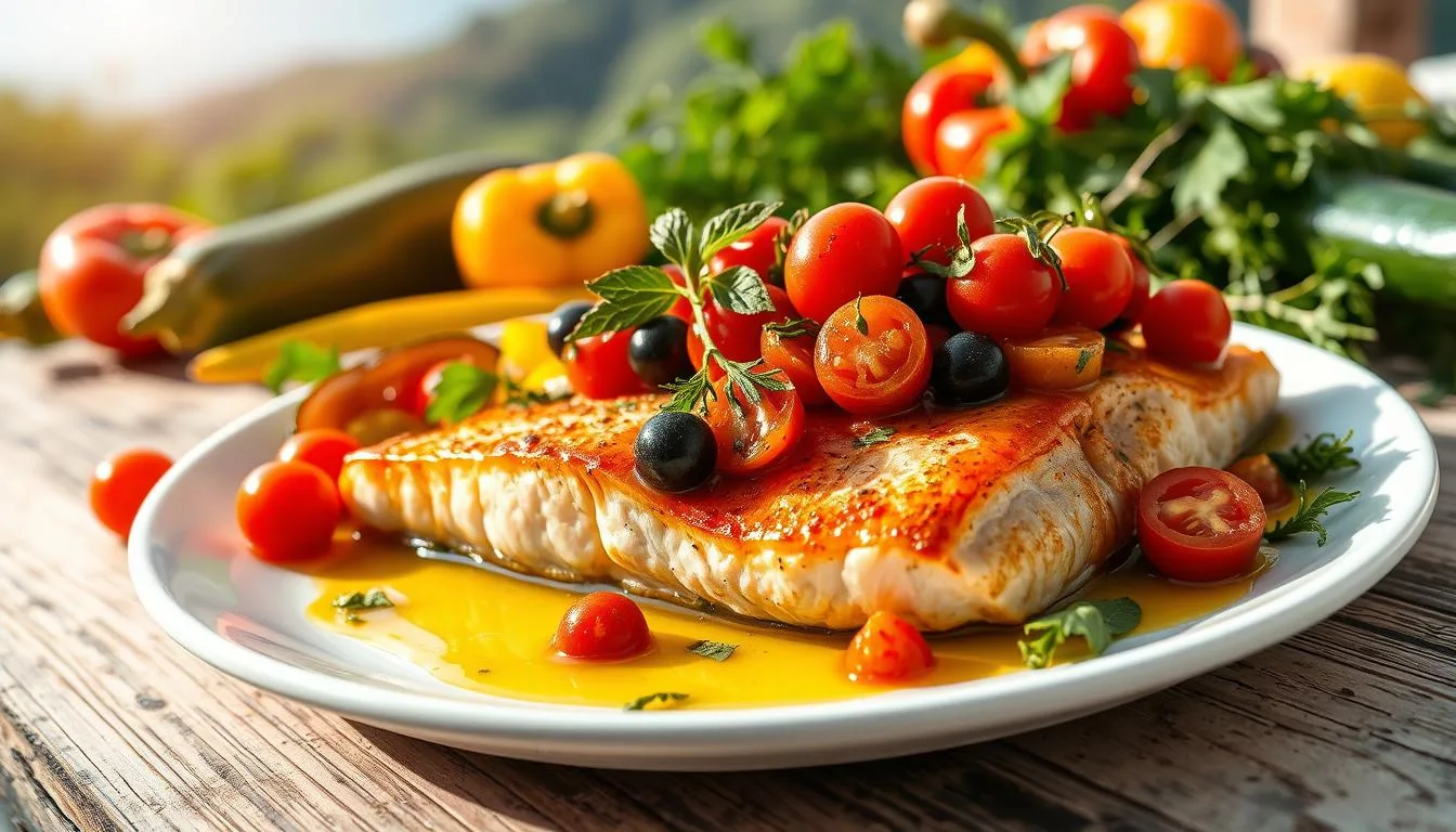 Freshly cooked Mediterranean Salmon Recipe served with lemon slices, tomatoes, and herbs on a rustic plate.