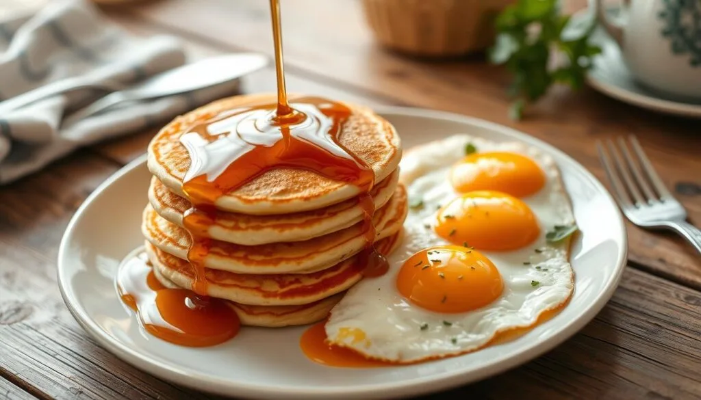 A delicious breakfast plate featuring fluffy pancakes topped with syrup and butter, served alongside perfectly cooked eggs.