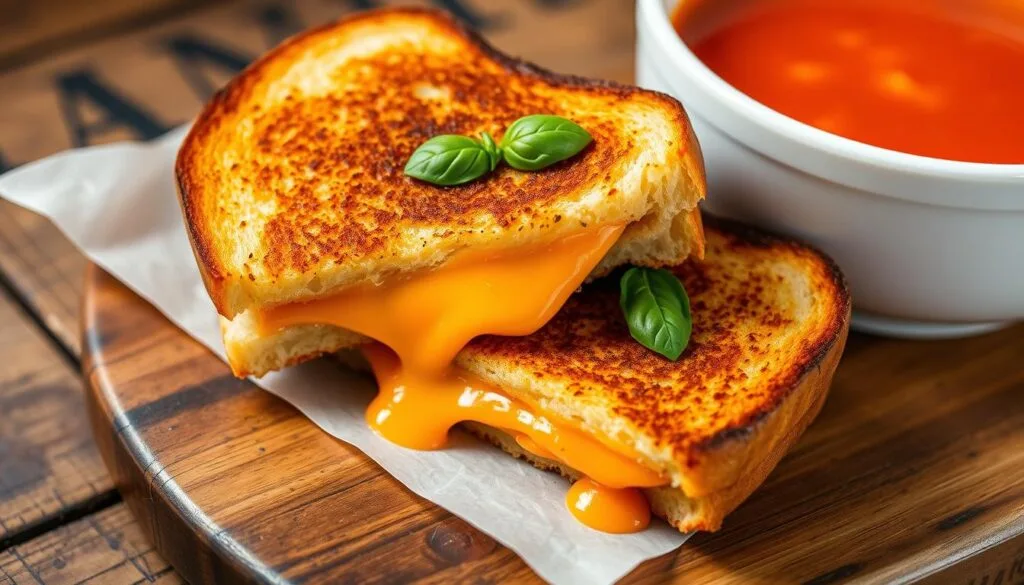 panera grilled cheese A mouthwatering Panera Grilled Cheese sandwich with melted cheese spilling out from between golden-brown, toasted bread, accompanied by a side of rich tomato bisque soup.