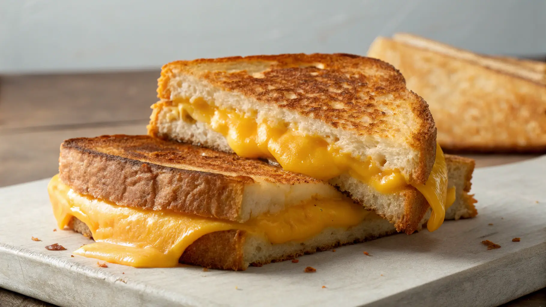 A delicious Panera grilled cheese sandwich with melted cheese oozing from between slices of toasted artisanal bread, served with a side of creamy tomato bisque soup.