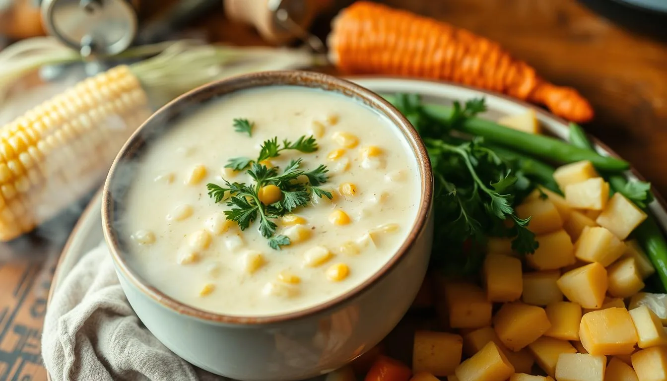 A warm bowl of creamy potato corn chowder garnished with crispy bacon, fresh thyme, and a sprinkle of shredded cheese, served on a rustic wooden table with a spoon and bread on the side.
