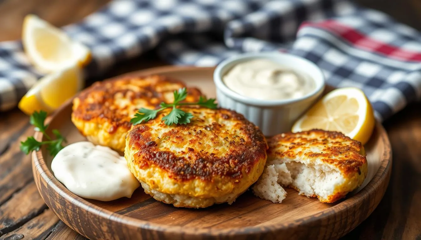 Golden, crispy Southern Salmon Patties served on a plate with fresh herbs and a side of dipping sauce.