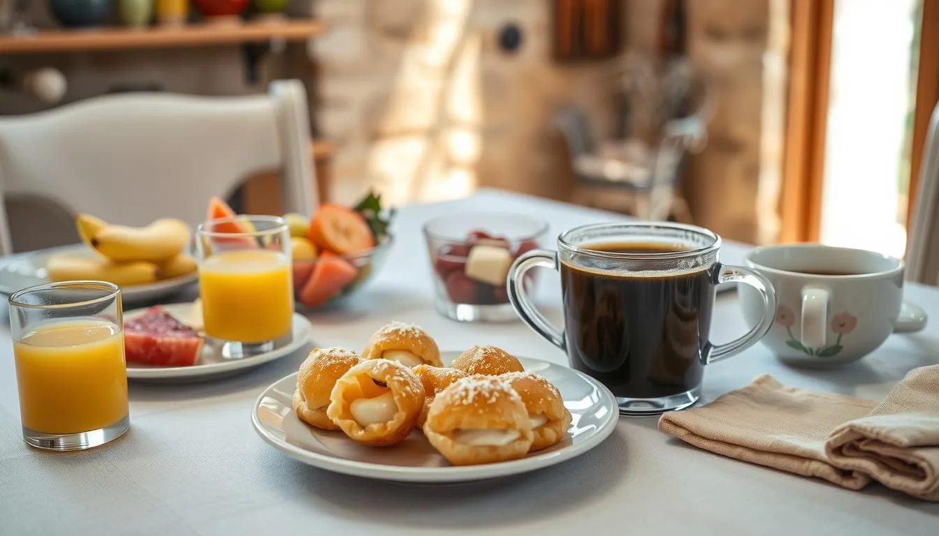 Typical Italian breakfast with espresso, cornetto, and fresh fruit.