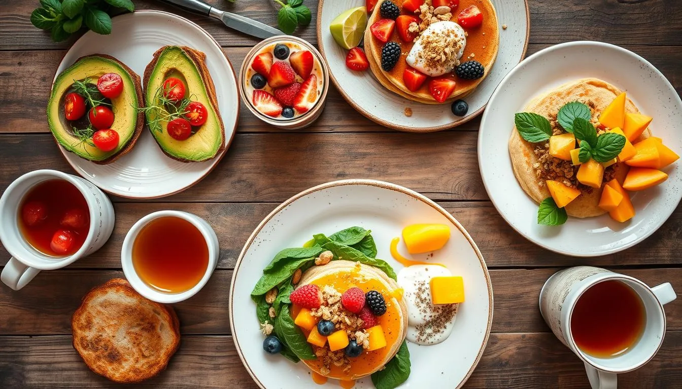 A colorful plate featuring a variety of vegetarian breakfast ideas, including avocado toast, fresh fruit, scrambled tofu, and whole-grain pancakes.