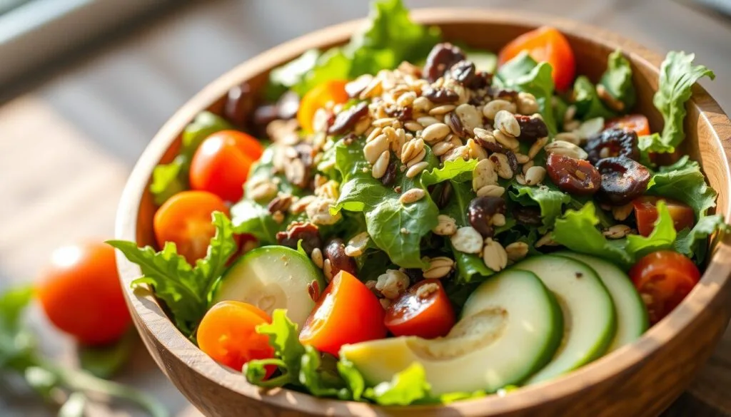 vegetarian breakfast salad A fresh vegetarian breakfast salad with mixed greens, avocado slices, cherry tomatoes, poached eggs, and a sprinkle of seeds, served with a light dressing.