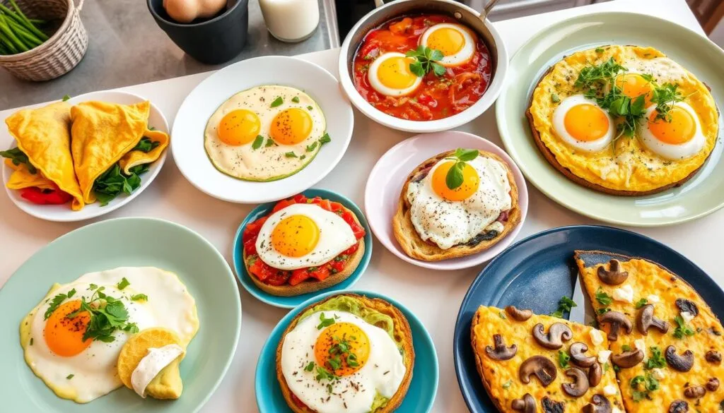 vegetarian egg breakfast recipes A plate of vegetarian egg breakfast recipes featuring a veggie-filled omelet, poached eggs on whole-grain toast, and a side of sautéed spinach and tomatoes.