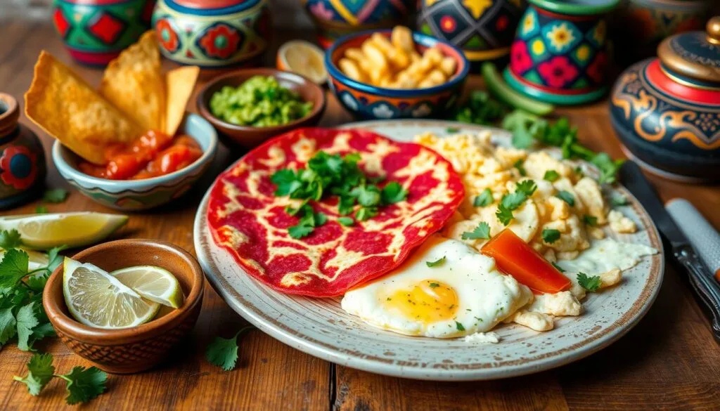 Mexican breakfast sides Variety of Mexican breakfast sides including refried beans, avocado slices, scrambled eggs, and fresh salsa.