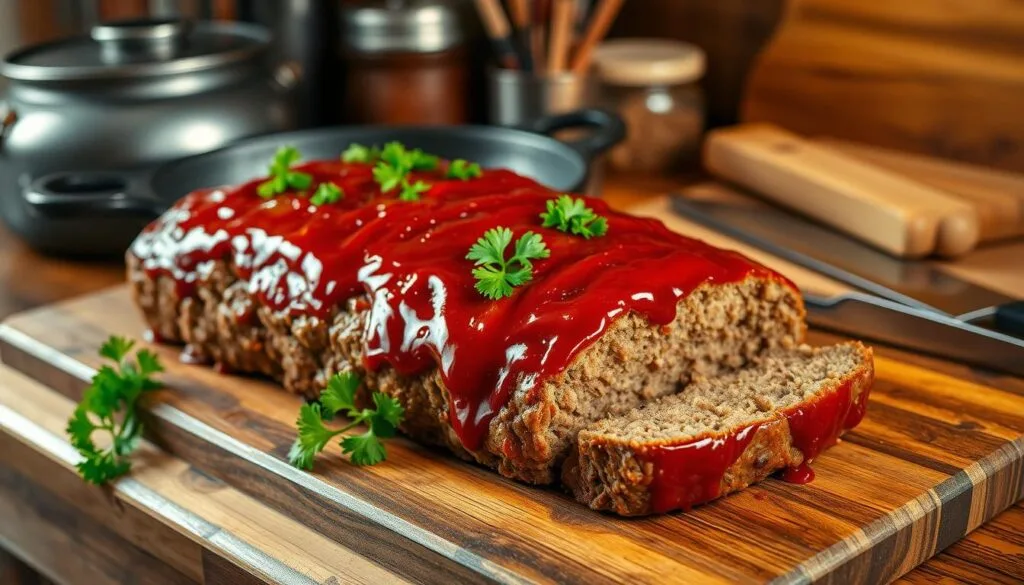 Old fashioned meatloaf recipe A classic old-fashioned meatloaf glazed with a rich tomato topping, sliced and served on a white platter, accompanied by a side of roasted vegetables.