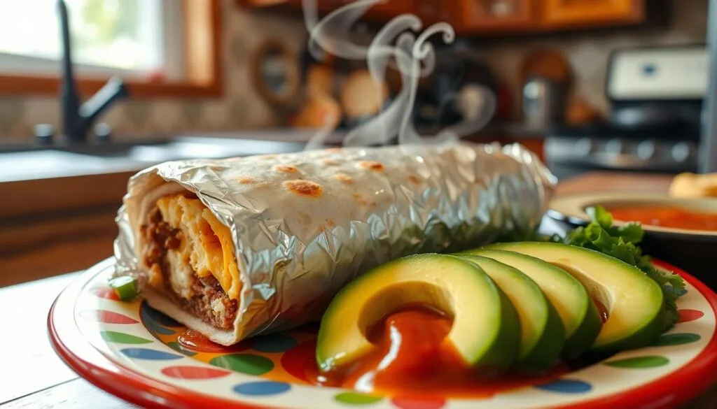 Reheating breakfast burrito A person reheating a breakfast burrito in a microwave on a plate, ready to be enjoyed.