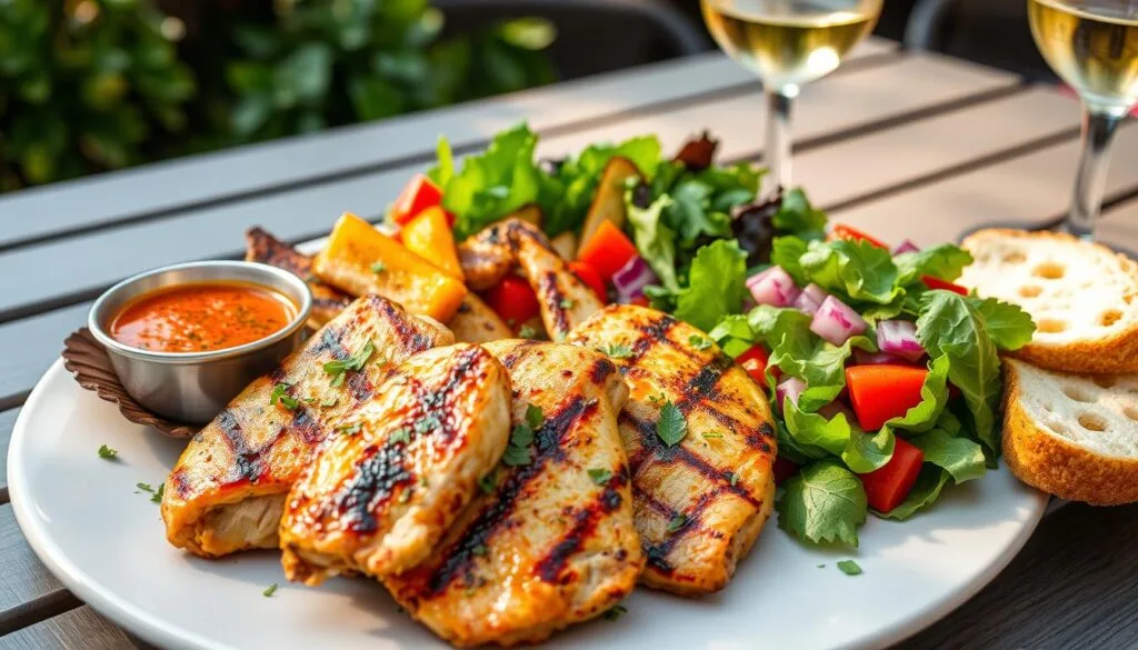 Serving Suggestions and Pairings A serving platter featuring grilled chicken thighs paired with roasted vegetables, mashed potatoes, and a tangy dipping sauce.