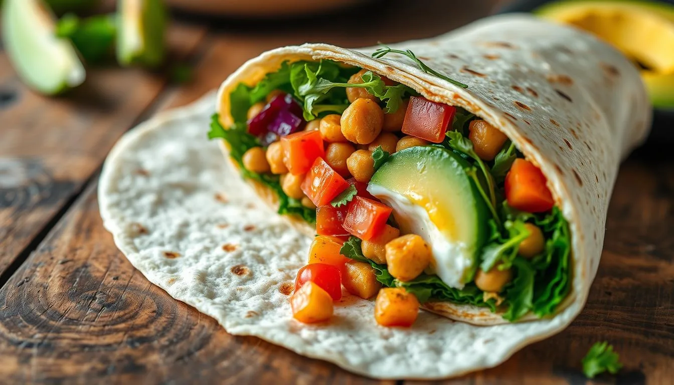 A freshly made chickpea and egg burrito on a plate with fresh vegetables and a side of salsa.
