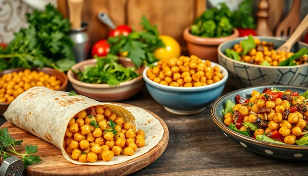 chickpea recipes A variety of chickpea recipes, including salads, stews, and wraps, displayed on a rustic table.