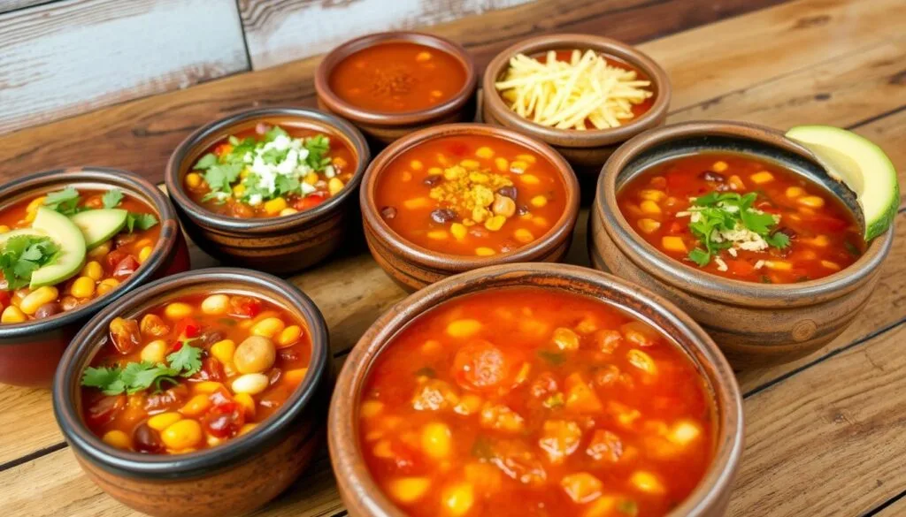 chili soup variations A variety of chili soup bowls, each featuring different ingredients like beans, ground meat, vegetables, and unique toppings such as cheese, sour cream, and avocado.