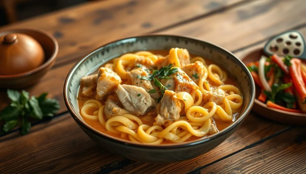 creamy chicken and noodles Ingredients and a prepared dish of creamy chicken and noodles: a bowl of creamy noodles with chicken, surrounded by fresh parsley, garlic, butter, cream, and raw noodles on a wooden countertop.