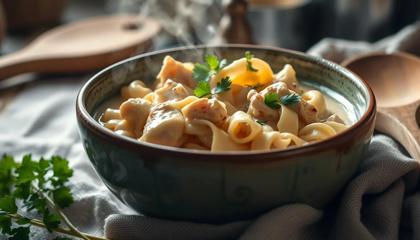 A bowl of creamy chicken and noodles garnished with fresh parsley, served on a rustic wooden table alongside a napkin and silver fork.