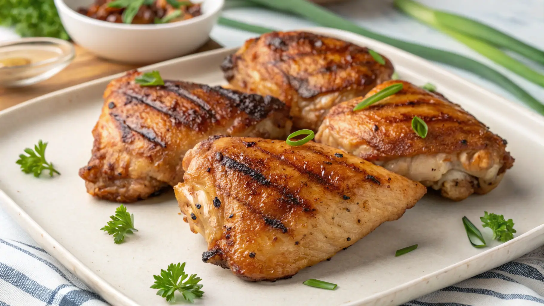 Juicy grilled chicken thighs with perfectly crispy skin, garnished with fresh herbs, served on a wooden platter.