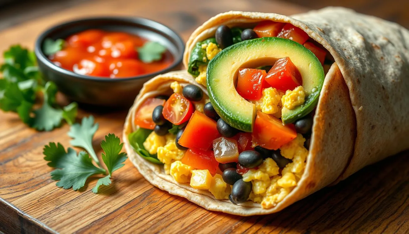 A healthy breakfast burrito filled with scrambled eggs, fresh vegetables, avocado, and a sprinkle of cheese, wrapped in a whole wheat tortilla.