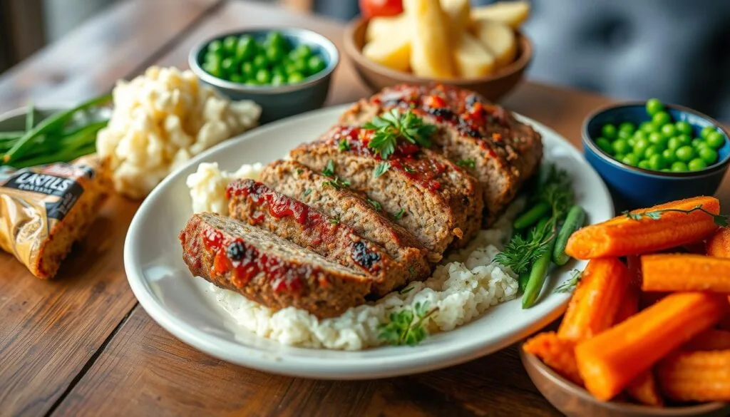 homemade meatloaf A homemade meatloaf, golden and moist, topped with a tangy tomato glaze, sliced and served on a wooden cutting board alongside fresh herbs and a small bowl of ketchup.