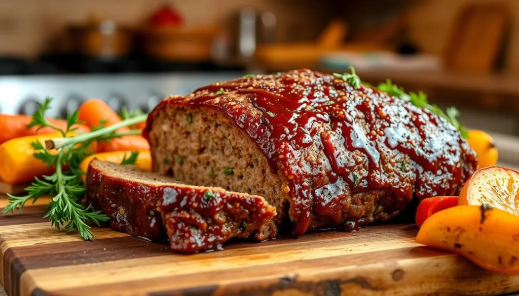 homemade meatloaf A freshly baked homemade meatloaf with a golden crust, sliced to reveal a moist interior, garnished with parsley and served on a wooden cutting board.