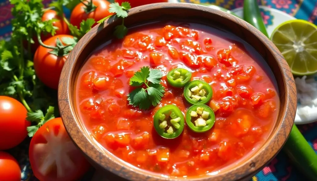 homemade salsa roja Homemade salsa roja in a bowl, made with tomatoes, chili, and fresh cilantro, served with tortilla chips.