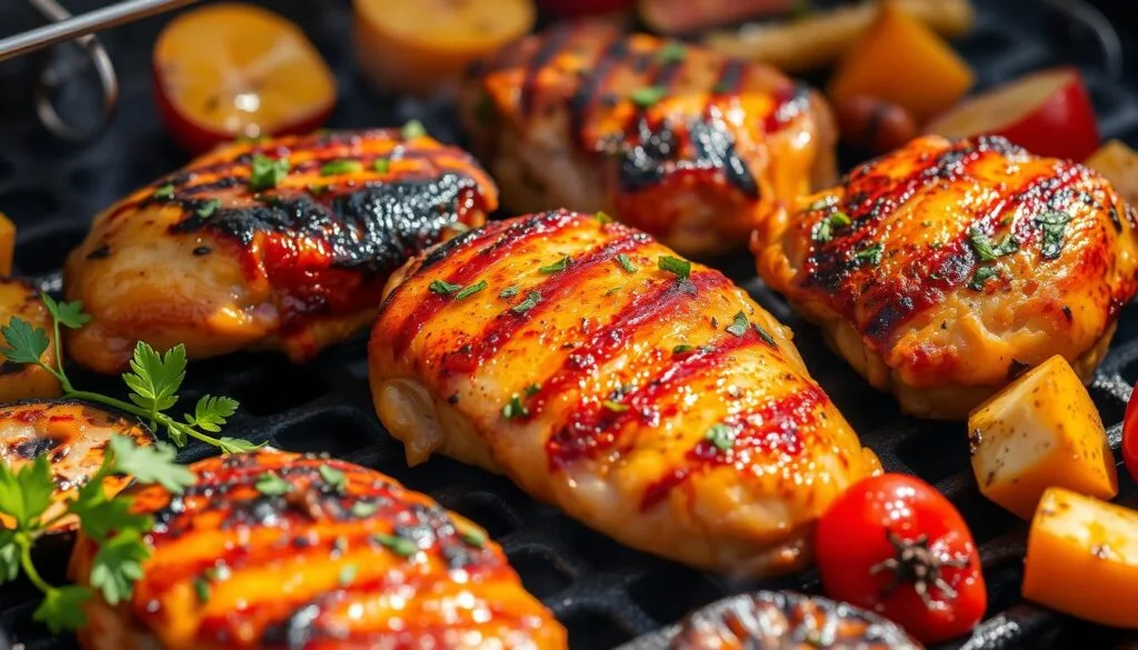 juicy grilled thighs Close-up of juicy grilled chicken thighs with crispy skin, glistening with marinade, garnished with fresh herbs on a serving plate.