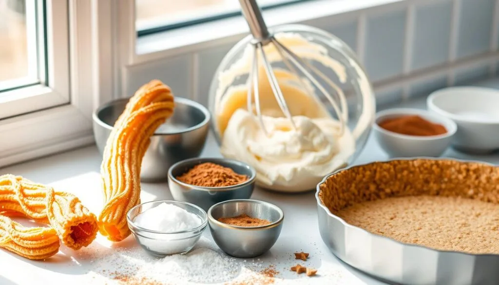making churro cheesecake Hands sprinkling cinnamon-sugar over a prepared churro cheesecake before baking, with a creamy filling and crust in a round baking pan.