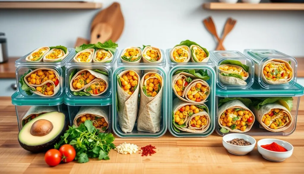 meal prep ideas Meal prep containers filled with balanced portions of proteins, vegetables, and grains arranged neatly on a kitchen countertop.