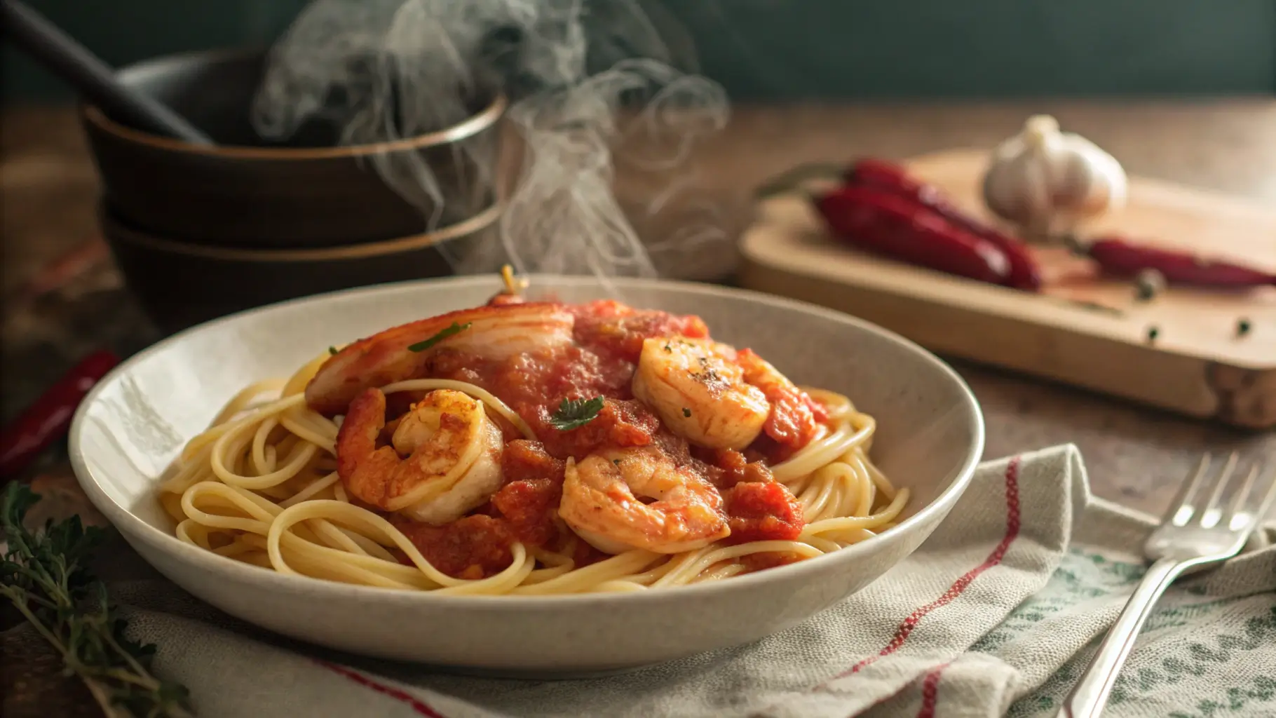 A bowl of spicy shrimp pasta topped with fresh parsley and Parmesan cheese, featuring plump shrimp and a creamy, flavorful sauce.