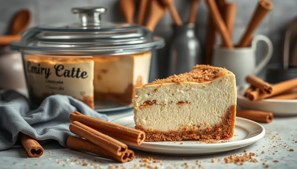 storing cheesecake A cheesecake stored in an airtight container inside a refrigerator to maintain freshness and flavor.