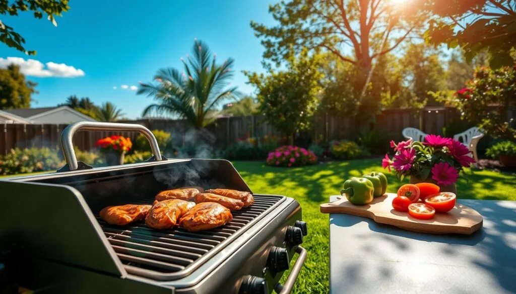 summer grilling An outdoor summer grilling scene with a variety of meats and vegetables cooking on a grill, surrounded by lush greenery."