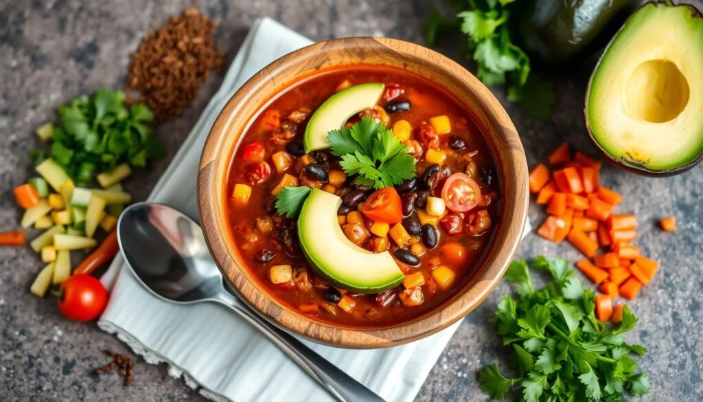 vegetarian chili soup A bowl of vegetarian chili soup made with beans, tomatoes, bell peppers, and spices, topped with fresh cilantro and served with a side of cornbread.