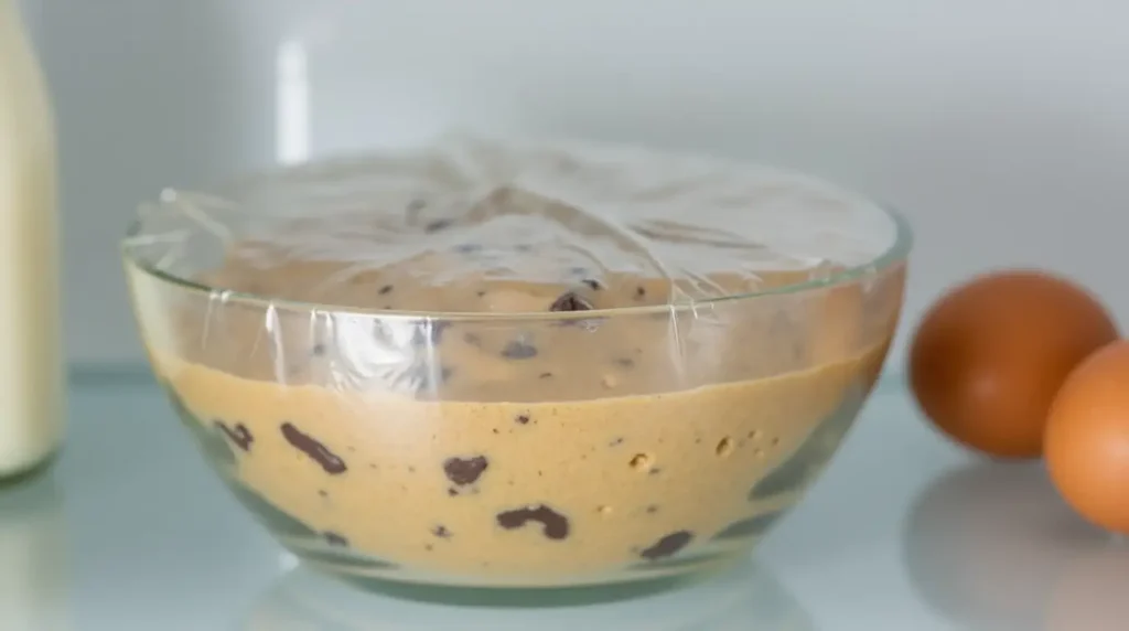 A glass bowl of cookie dough covered with plastic wrap, placed on a refrigerator shelf, with chocolate chips visible in the dough and kitchen staples nearby.