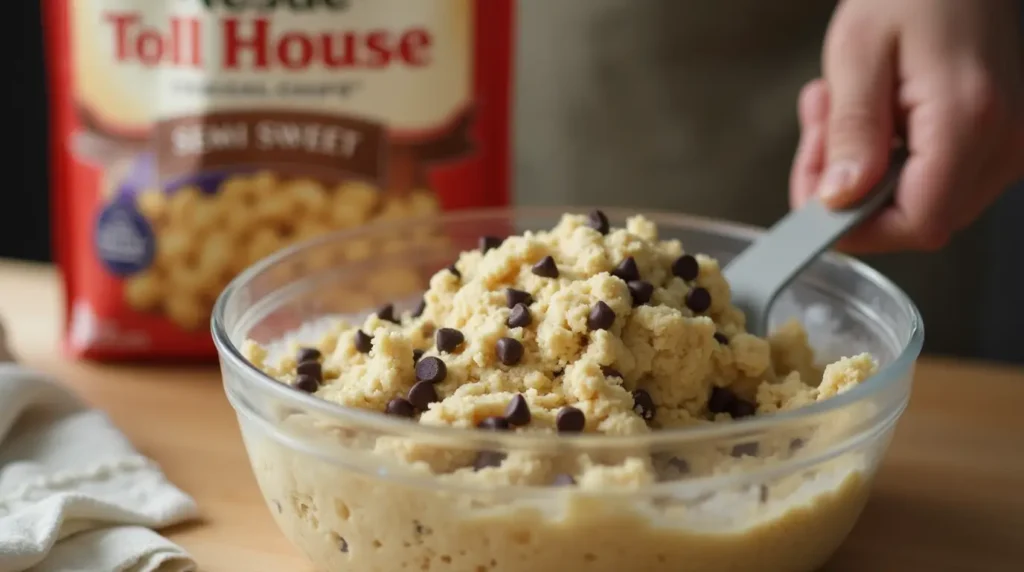 Close-up of hands folding semi-sweet Nestlé chocolate chips into cookie dough with a spatula, showing evenly distributed chocolate chips in the soft dough.