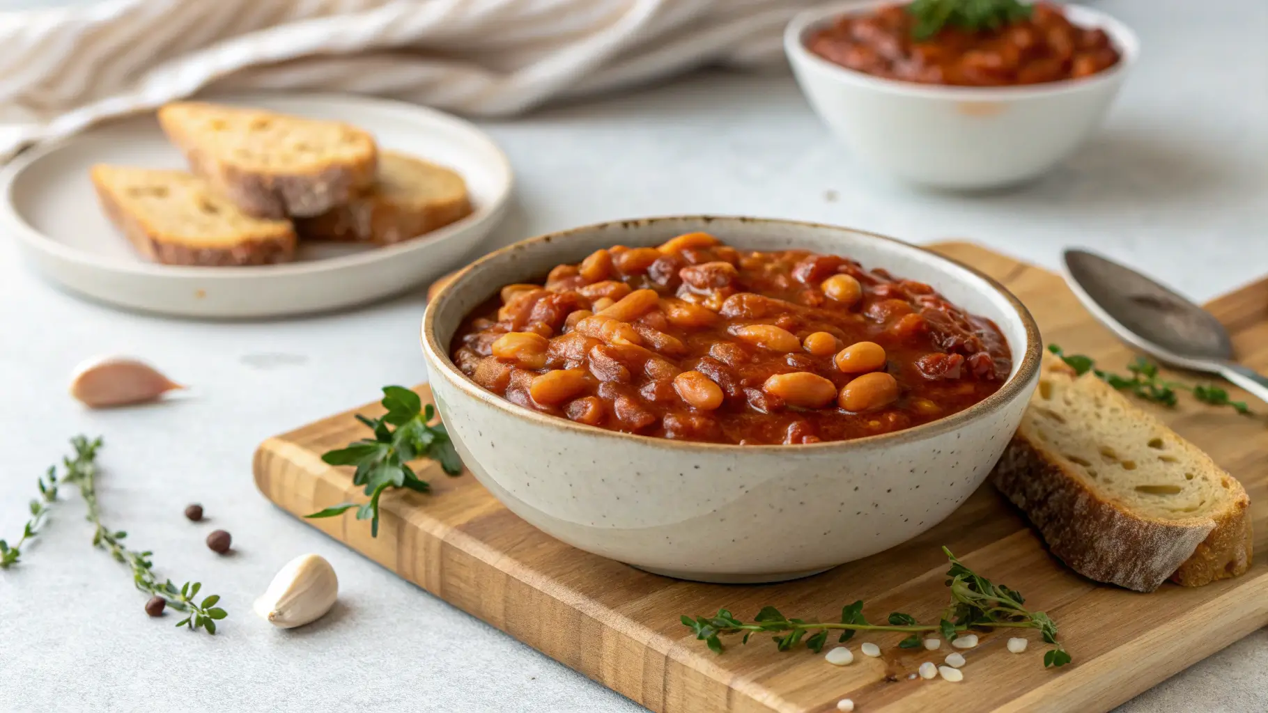 A close-up of a bowl of baked beans recipe in a rich, savory sauce, garnished with fresh parsley, served with a side of cornbread and a wooden spoon.