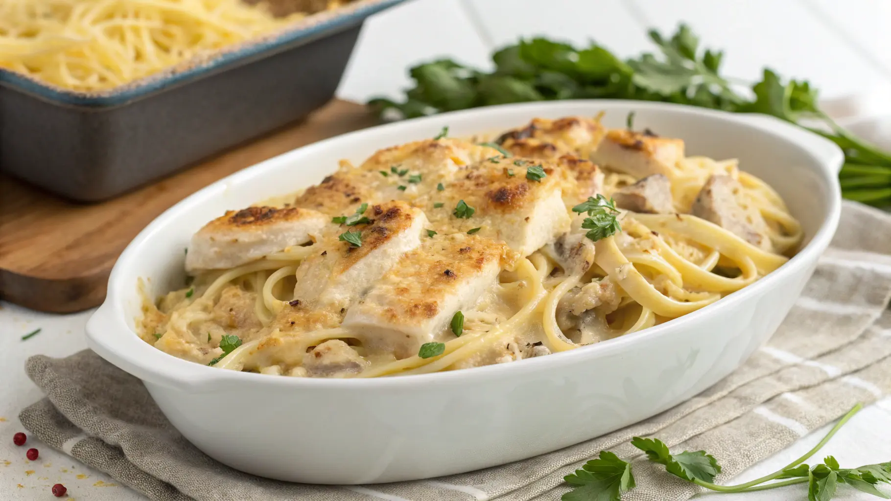 A delicious, creamy Chicken Tetrazzini recipe served in a casserole dish with melted cheese and pasta, garnished with parsley.