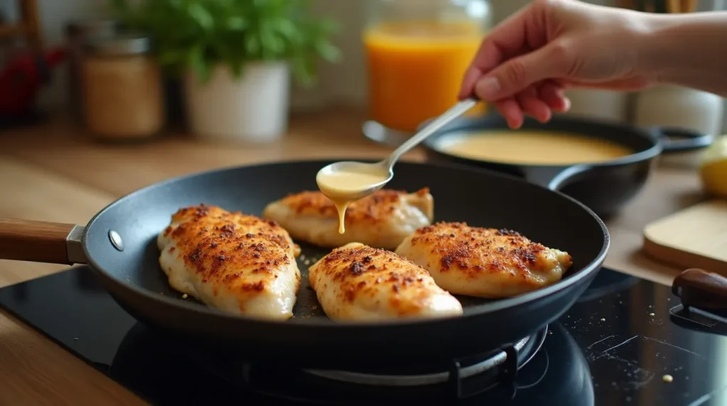 Close-up of the cooking process for smothered chicken, showing golden-brown chicken breasts being seared in a skillet with creamy gravy being prepared in the background.